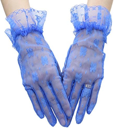 Wrist Length Blue Floral Lac Gloves - Adult