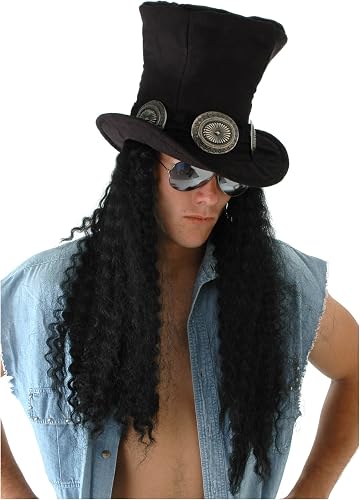 Guitar Superstar Costume Hat with Attached Hair and Adjustable Fit for Adults
