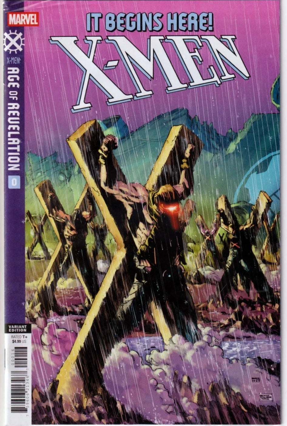 It begins here! X-Men: Age of Revelation. Purple background; Cyclops tied to a giant X-shaped structure along with others in the background.