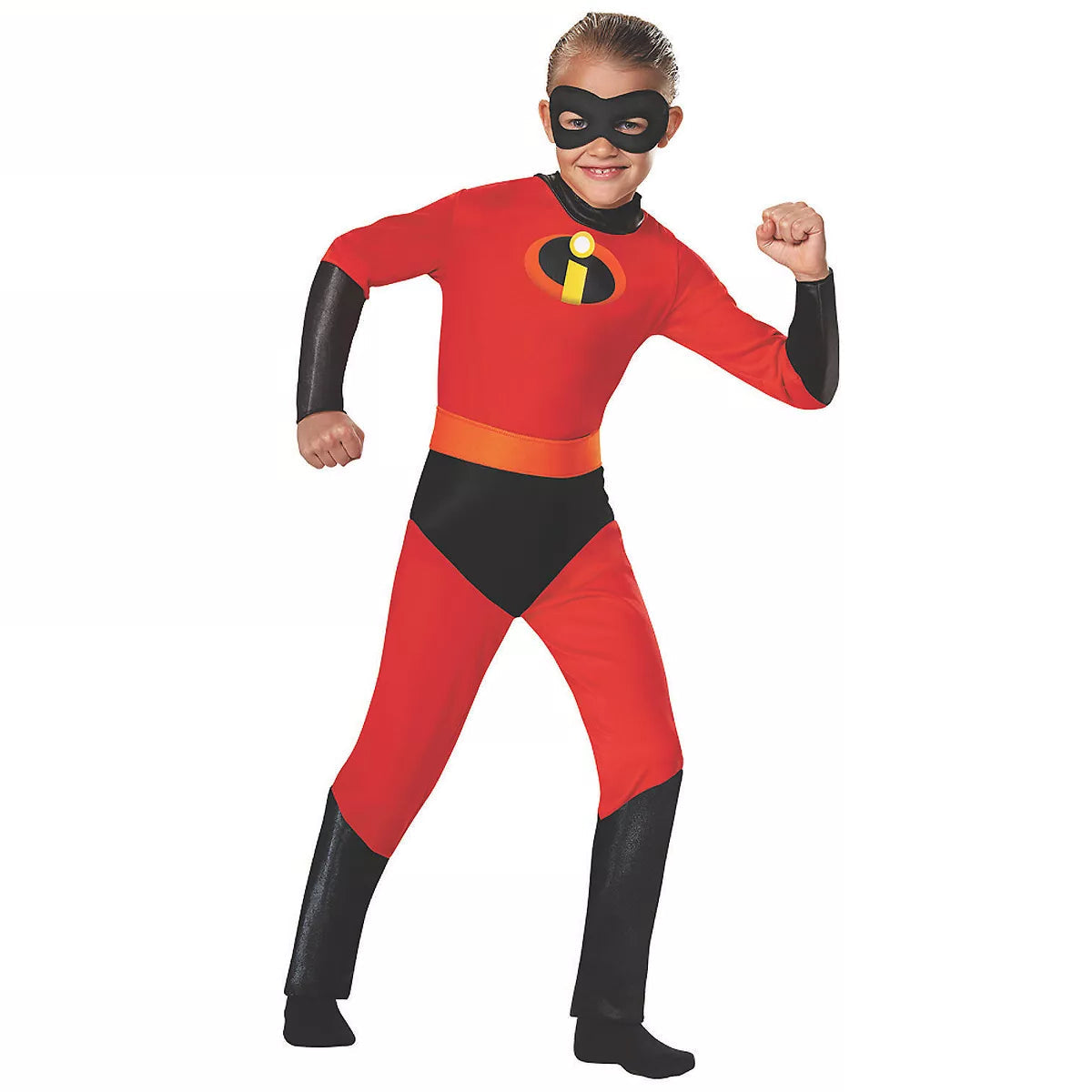 Child wearing a red superhero costume with black accents on a white background