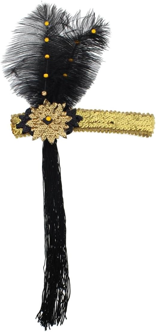 Diadema de plumas y lentejuelas negras y doradas