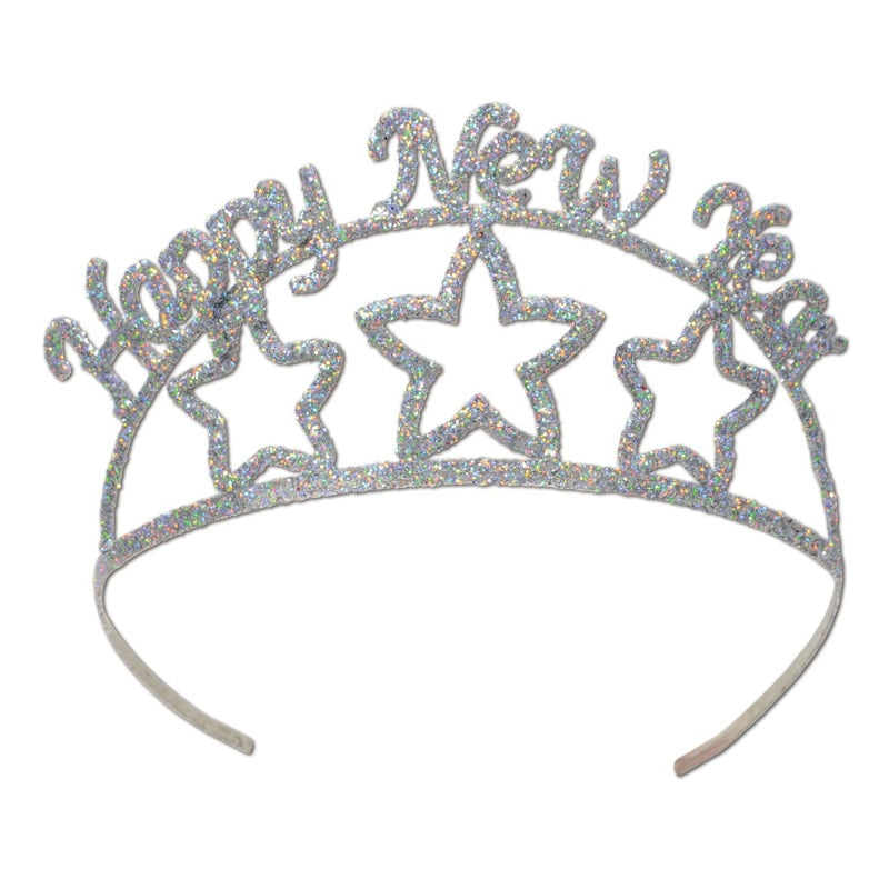 Feliz año nuevo Tiara de metal con purpurina