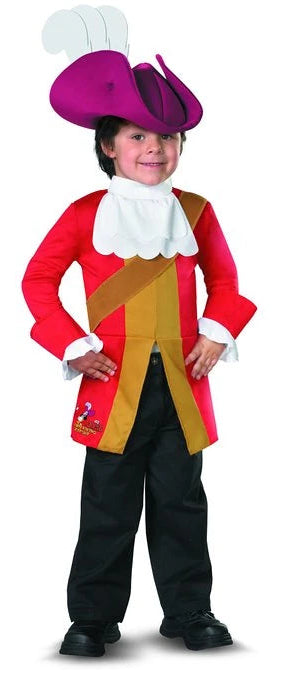 Child wearing a colorful costume with a red jacket, yellow waistcoat, and purple hat on a white background