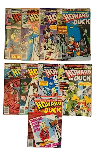 Collection of 'Howard the Duck' comic books from Marvel Comics on a white background.