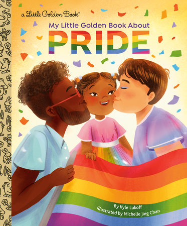 A book cover showing a same sex, interracial couple and their child holding the pride flag, a rainbow colored flag, lovingly.