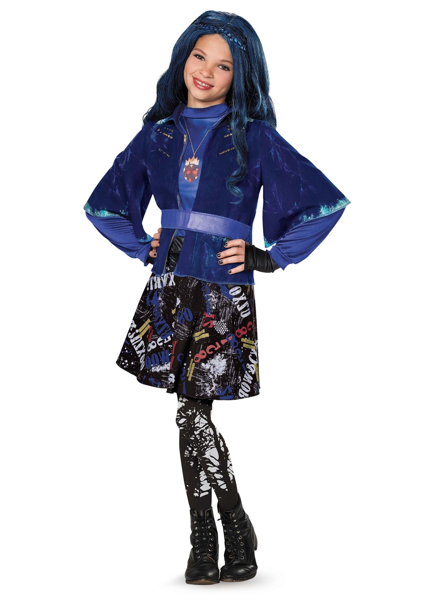 Child wearing a blue and black costume with a white background