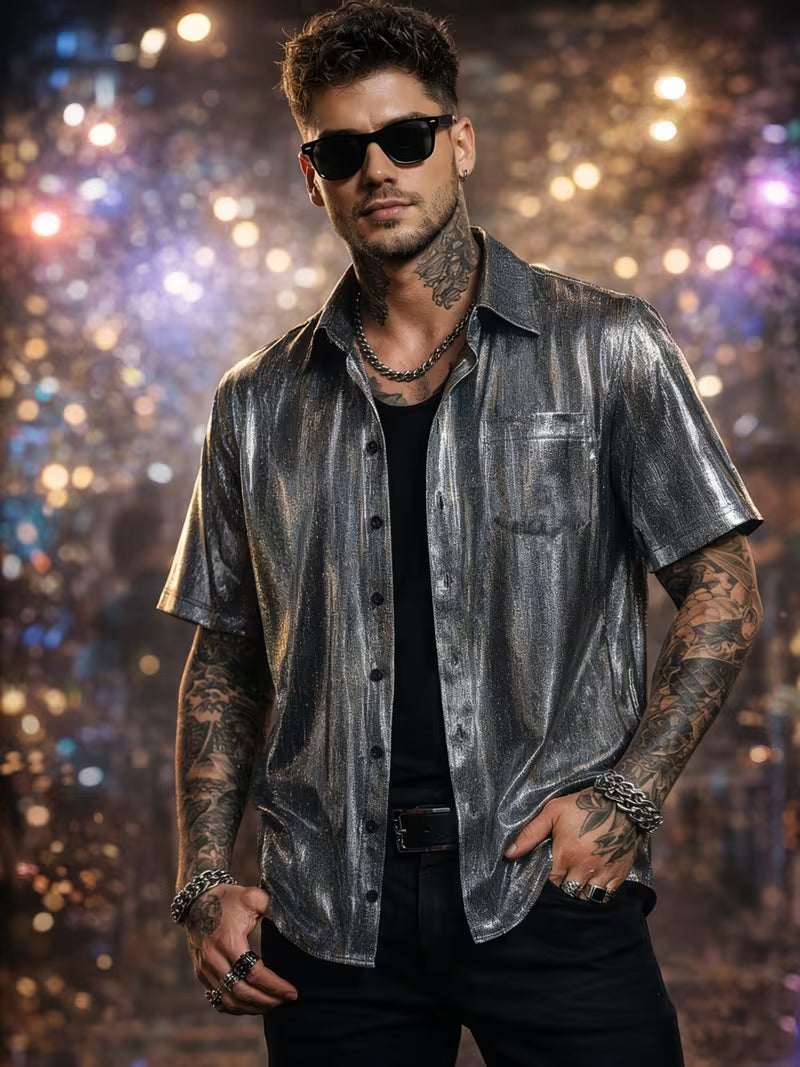 Men's 70s Disco Costume Shiny Short Sleeve Shirt