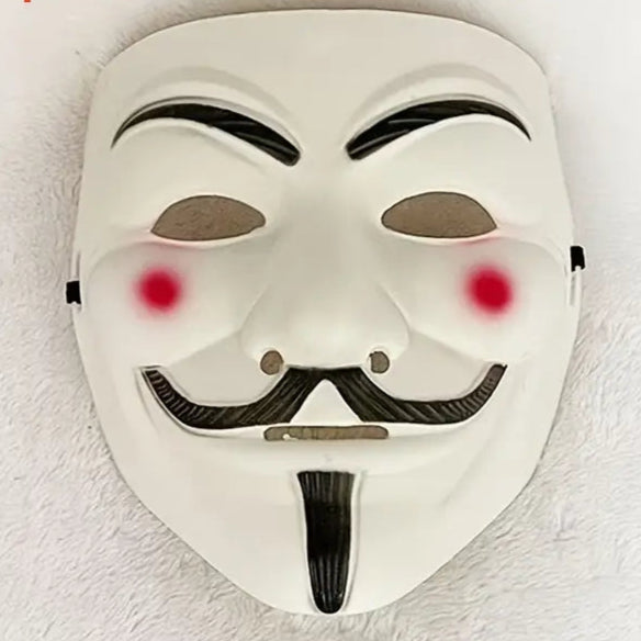 White mask with black mustache and red dots on a white background, labeled '10 pcs'.