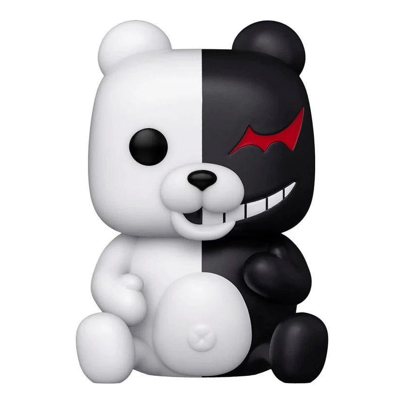 Black and white bear figurine with a red evil eye on a white background