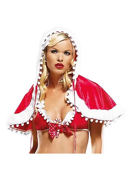 Woman wearing a red and white costume with a hood on a white background