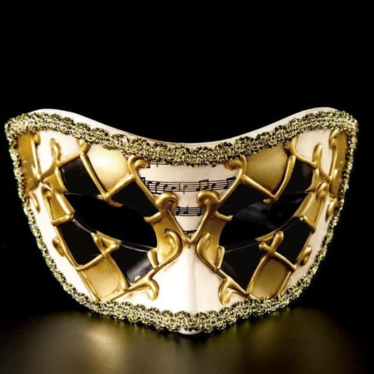 Black and Gold Venetian Masquerade Half Mask with Gold Cloth Trim