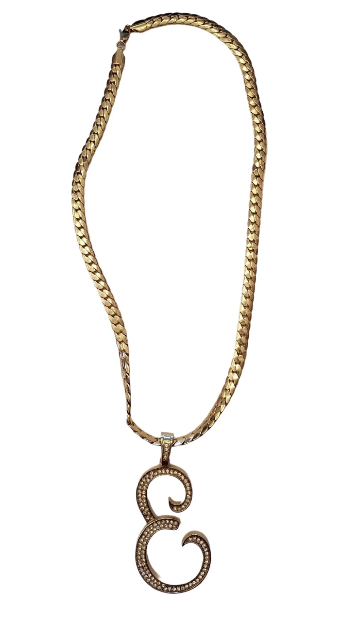 Hip Hop Rhinestone studded Gold "E" Pendant and Chain