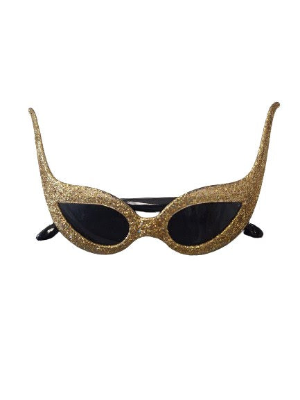 Gold Glitter Cat Eye Wing Tip Glasses (Dark Lens)