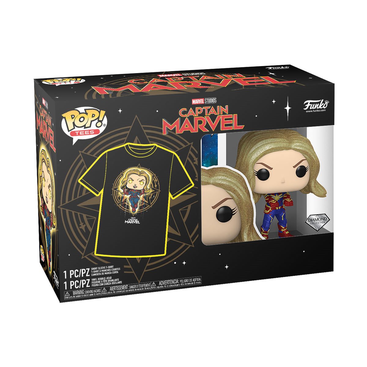 Captain Marvel Diamond Glitter Funko Pop! Vinyl Figure with Black Adult Pop! T-Shirt - Large