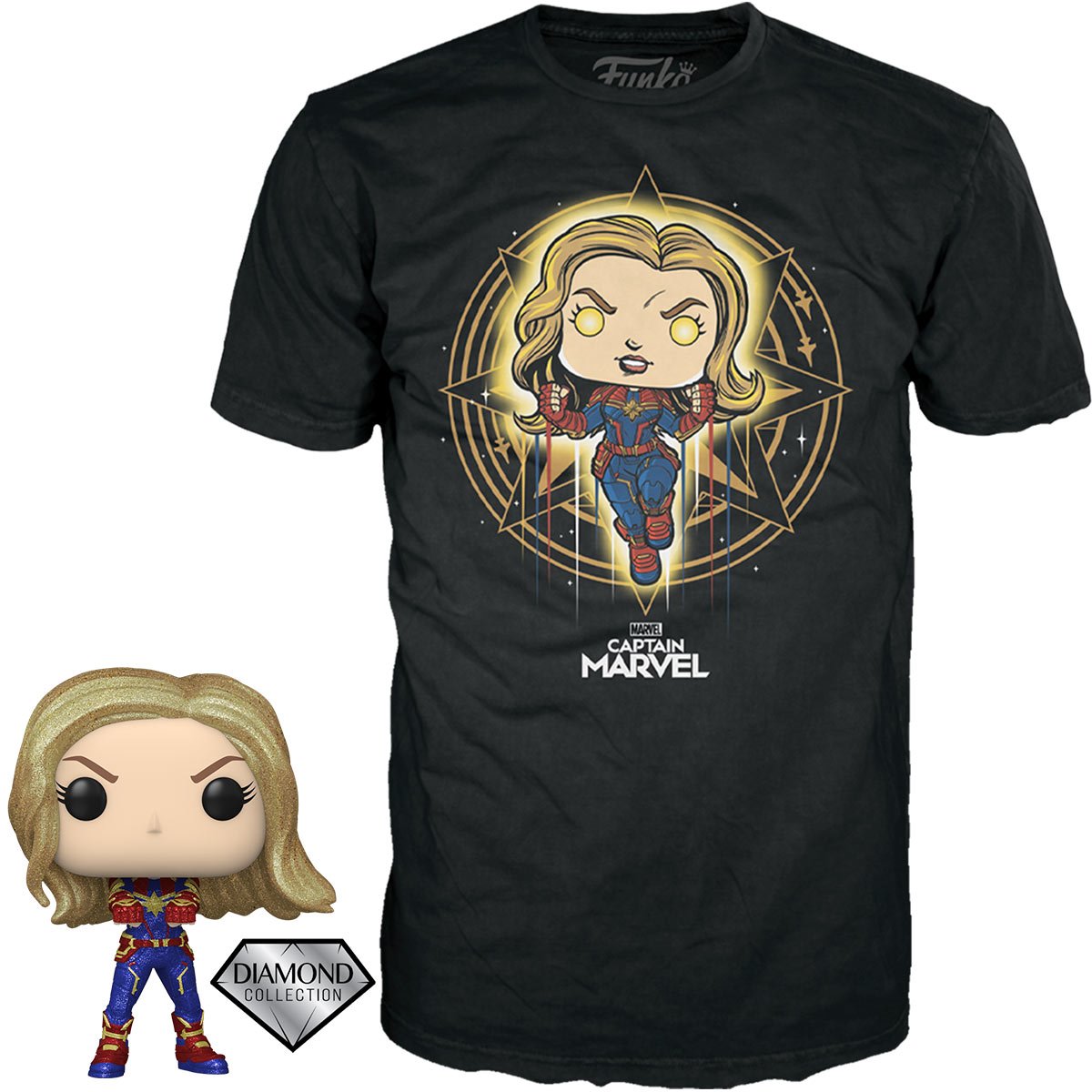 Captain Marvel Diamond Glitter Funko Pop! Vinyl Figure with Black Adult Pop! T-Shirt - Large