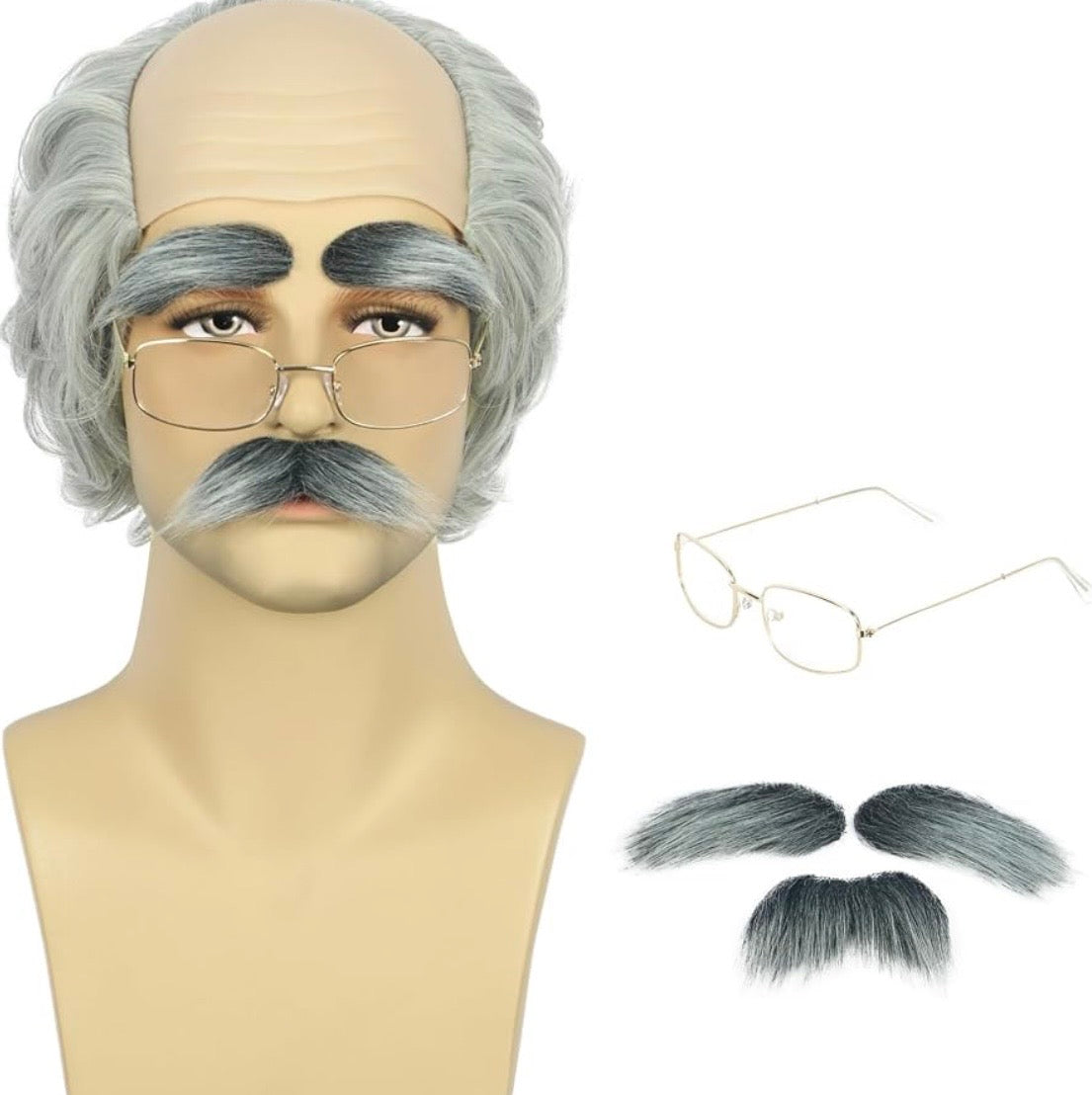 Old Bald Man Wig with Glasses, Moustache and Eyebrows