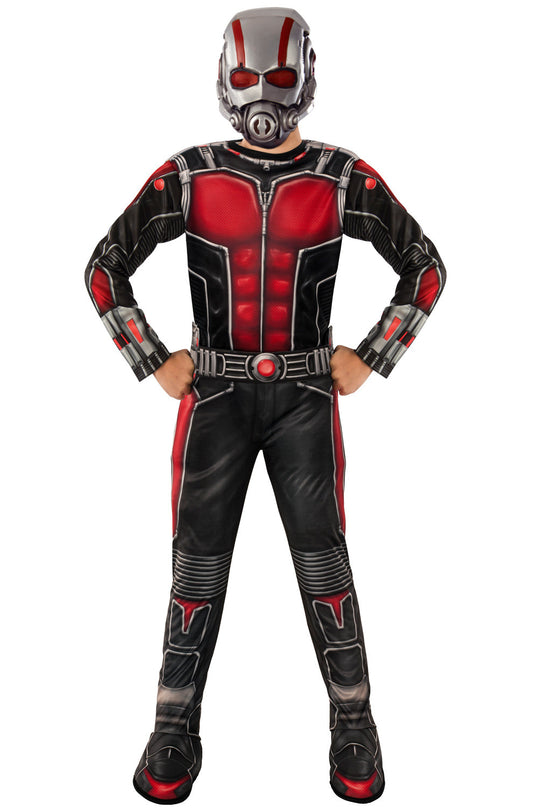 A child sporting a black and red Ant-Man jumpsuit and silver and red Ant-man mask.