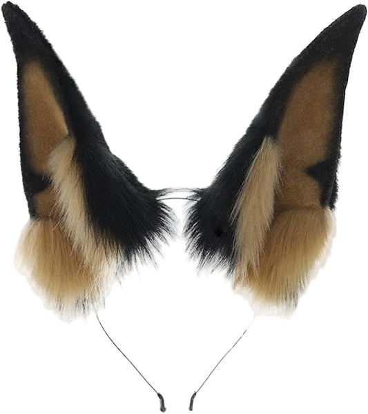 Pair of black and brown faux fur ears on a white background