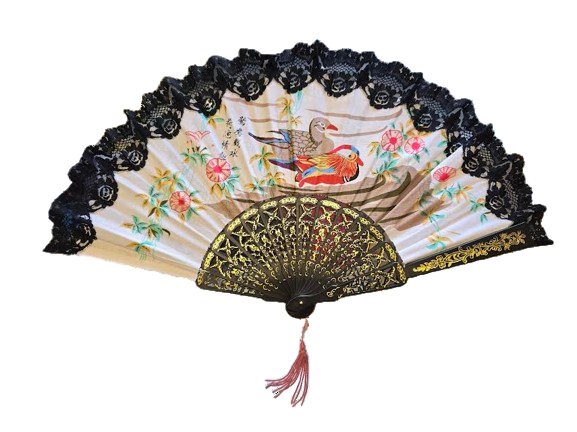 Decorative fan with black lace edges and colorful design on a white background