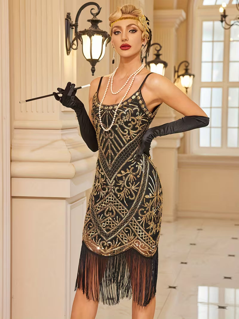 1920s Flapper Dress / Great Gatsby (Black / Gold) (small)