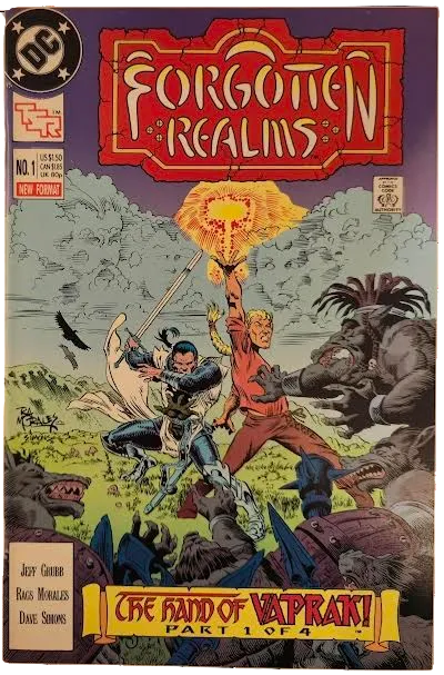 Comic book cover of 'Forgotten Realms' featuring a warrior and dragon.