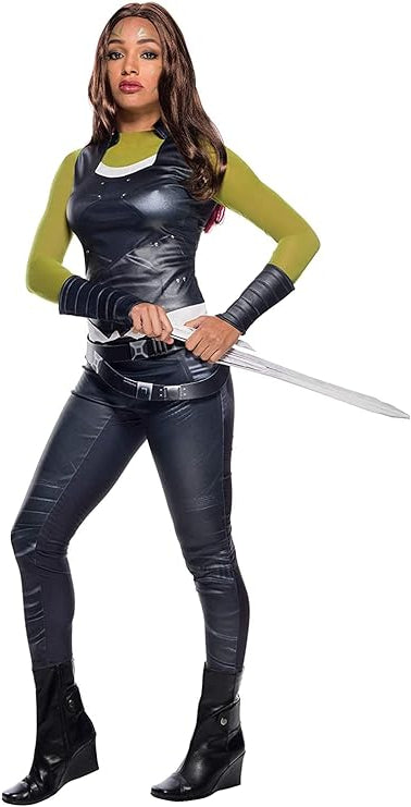 A person wearing a Gamora costume, as seen in Marvel's Guardians of the Galaxy, Vol. 2. The costume is a five-piece set, which includes a green long sleeve shirt, black pants, black vest, and black guantlets.