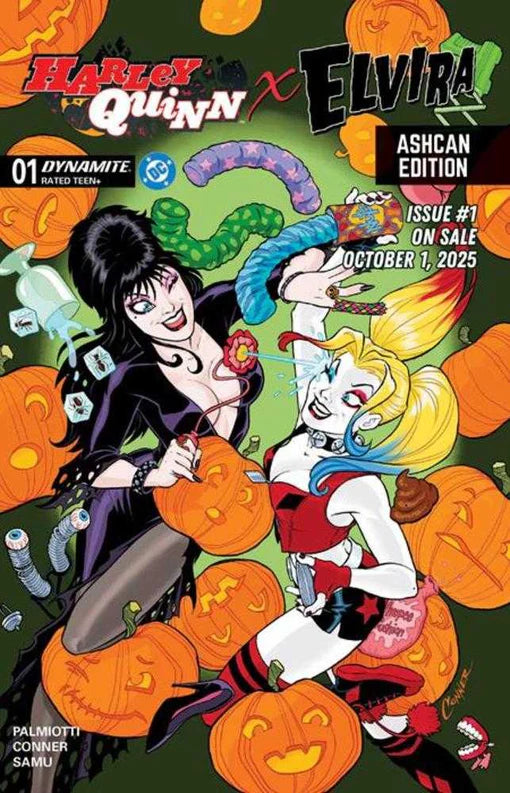 Comic book cover featuring Harley Quinn and Elvira with Halloween-themed design