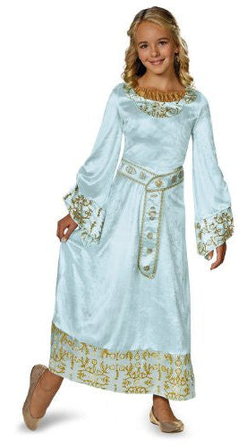 Child wearing a light blue dress with gold embroidery on a white background