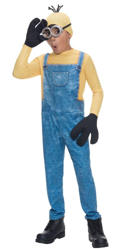 Child dressed in a Minions Minion Kevin costume, featuring a blue jumpsuit, beanie, goggles, and gloves.