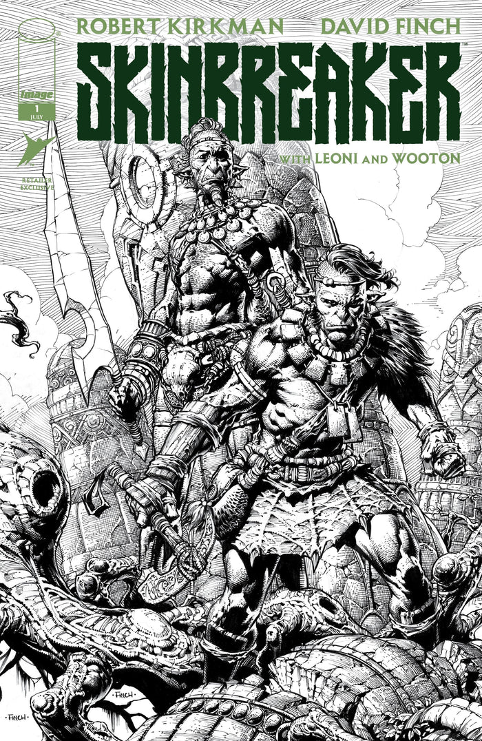 Comic book cover of 'Skinbreaker' by Robert Kirkman, featuring a warrior and snake-like creature in an exclusive black and white retailer exclusive variant.