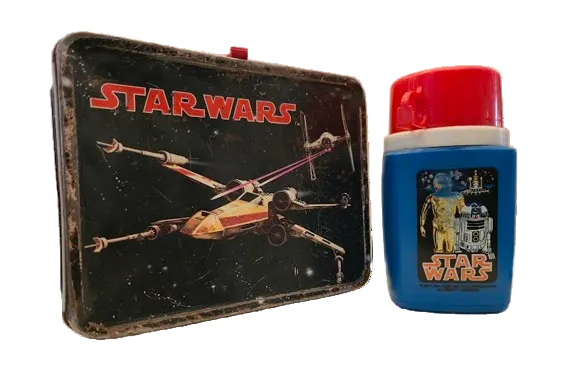 Black vintage metal Star Wars lunch box with X-Wing Fighter and  white and blue Thermos with red cup lid featuring Star Wars logo and CP30 and R2D2.