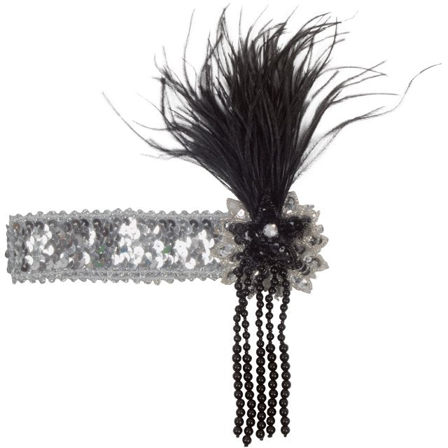 Black and Silver Sequin and Feather Headband