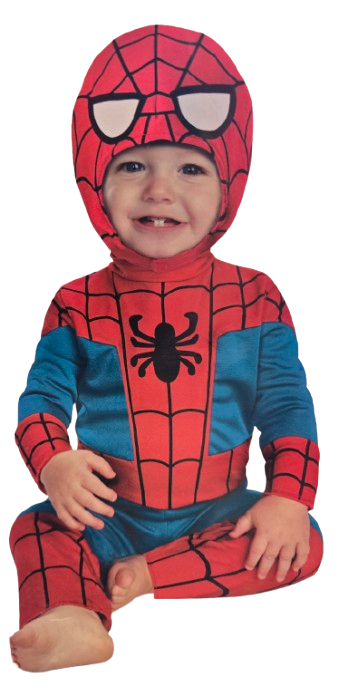 Classic red and and blue two-piece Spider-man Costume for toddlers with Spidey hood and snap closures for ease of use.