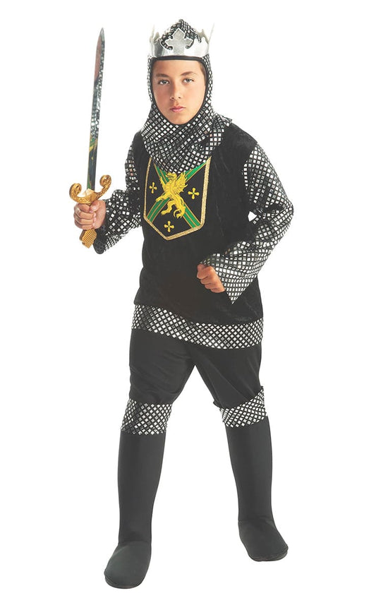 Person in a knight costume holding a sword on a white background