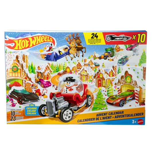Hot Wheels 2025 Advent Calendar with 10 Toy Vehicles in 1:64 Scale & 24 Accessories