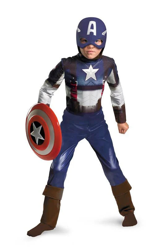 Child wearing a red, white, and blueCaptain America: The First Avenger costume holding a shield on a white background