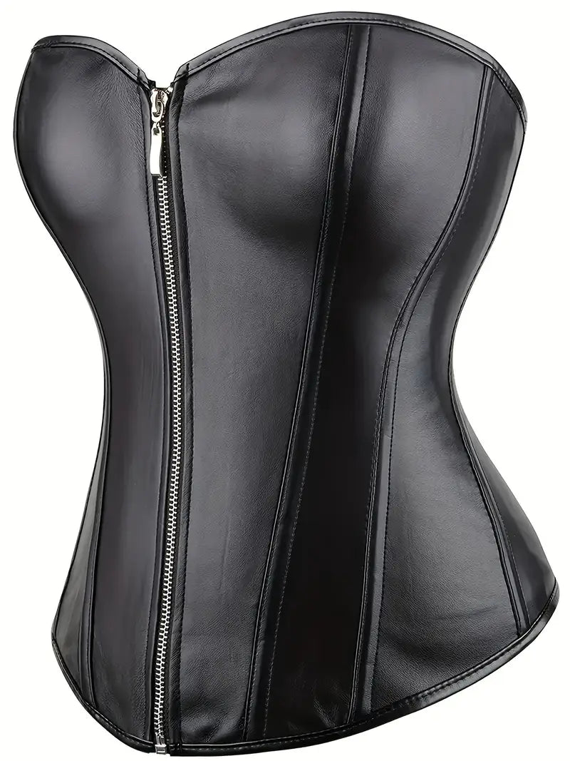 Black Faux Leather Zip Corset
