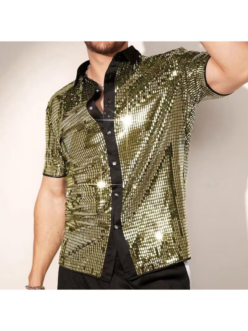 Men's 70s Disco Gold Costume Short Sleeve Shirt