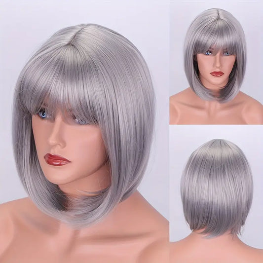 Short Bob Wig with Bangs, Cosplay (Silver) (12")