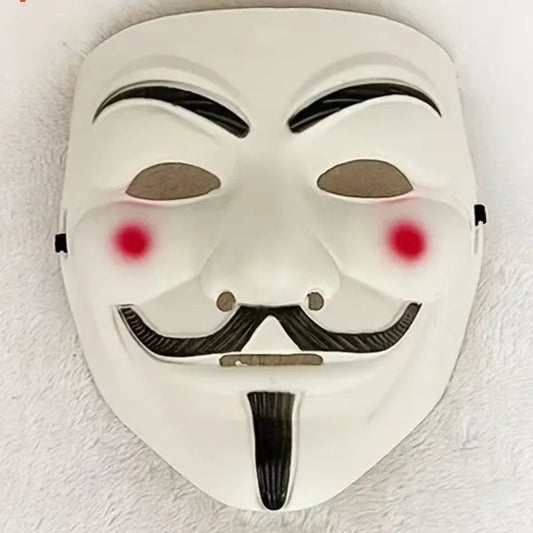 White mask with black mustache and red dots on a white background, labeled '10 pcs'.