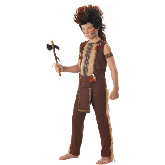 Child in a dark brown Native American costume with a mohawk wig, holding an axe on a white background