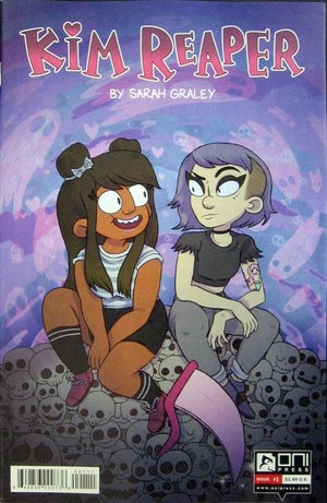 Cover of 'Kim Reaper' by Sarah Graley featuring two animated characters on a purple background with skulls.
