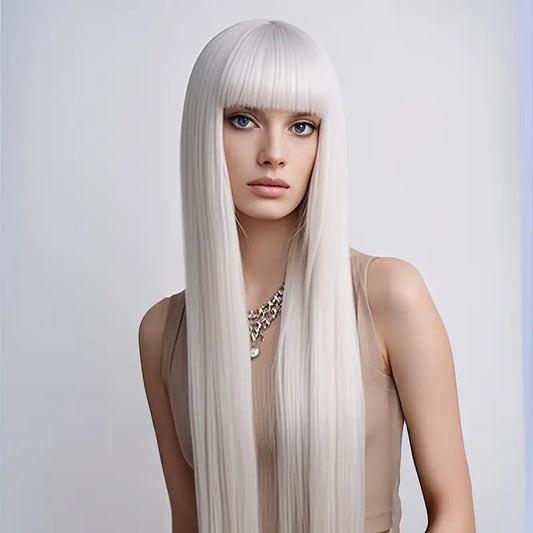 Straight Long Hair Wig with Bangs (white)