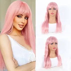 Pink Straight Wig with Bangs