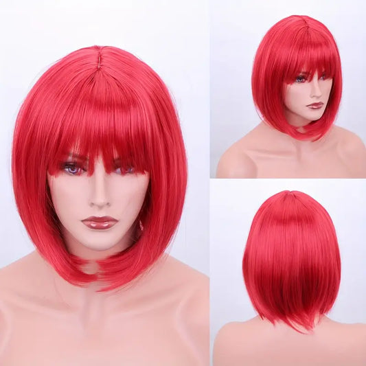 Short Bob Wig with Bangs, Cosplay (Red) (12")