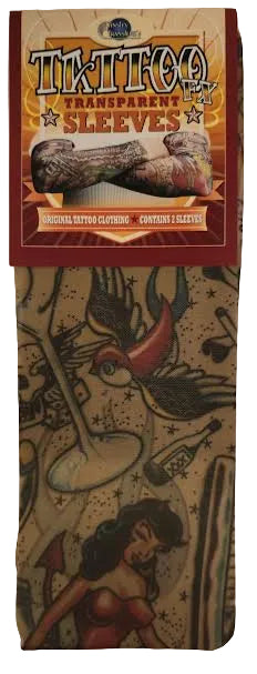  Tattoo transparent sleeves with vintage-style illustrations on a beige background.