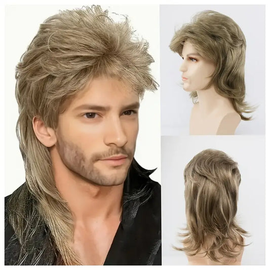 Golden Era Vintage Rocker guy mullet wig (Golden-Gray)