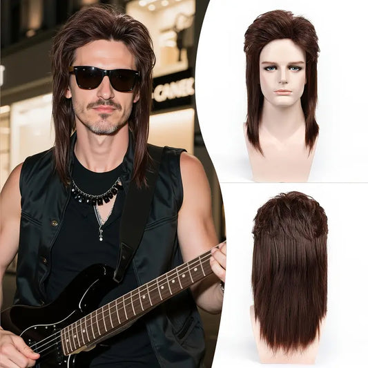 70's/80's Vintage Rocker guy mullet wig (Brown)