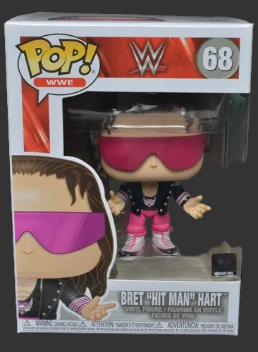Funko Pop! vinyl figure packaging for Bret 'Hit Man' Hart with WWE branding.