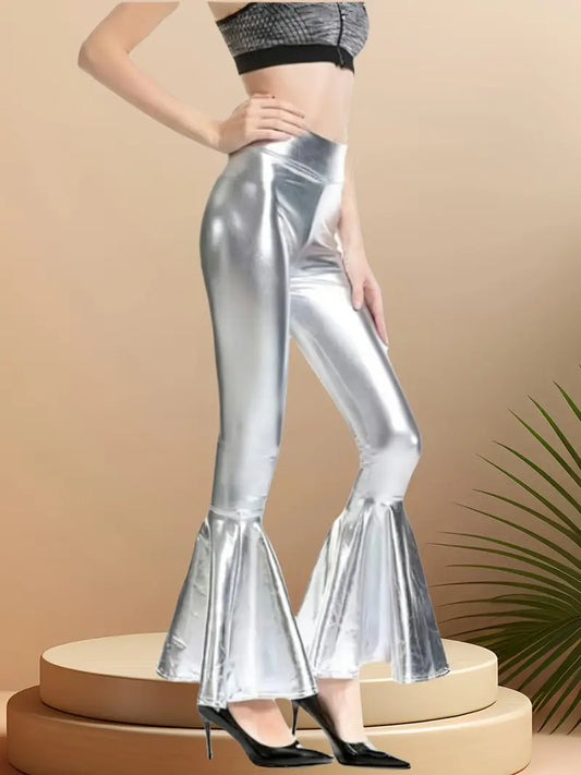 Women's High-Waisted Metallic Bell Bottom Leggings
